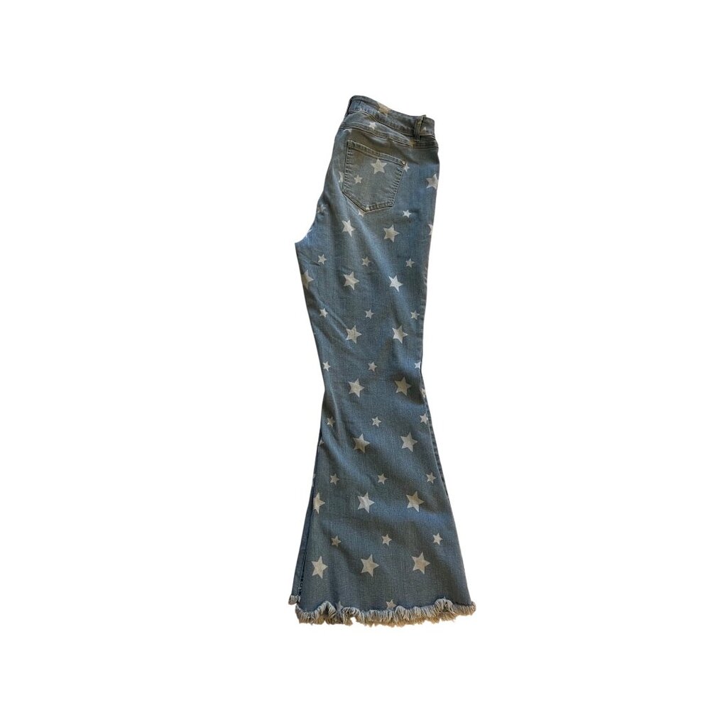 Est. 1946 Denim Star Print Flare Jeans Super Hi-Rise Frayed Hem 16W Blue Y2K EUC - Picture 4 of 8